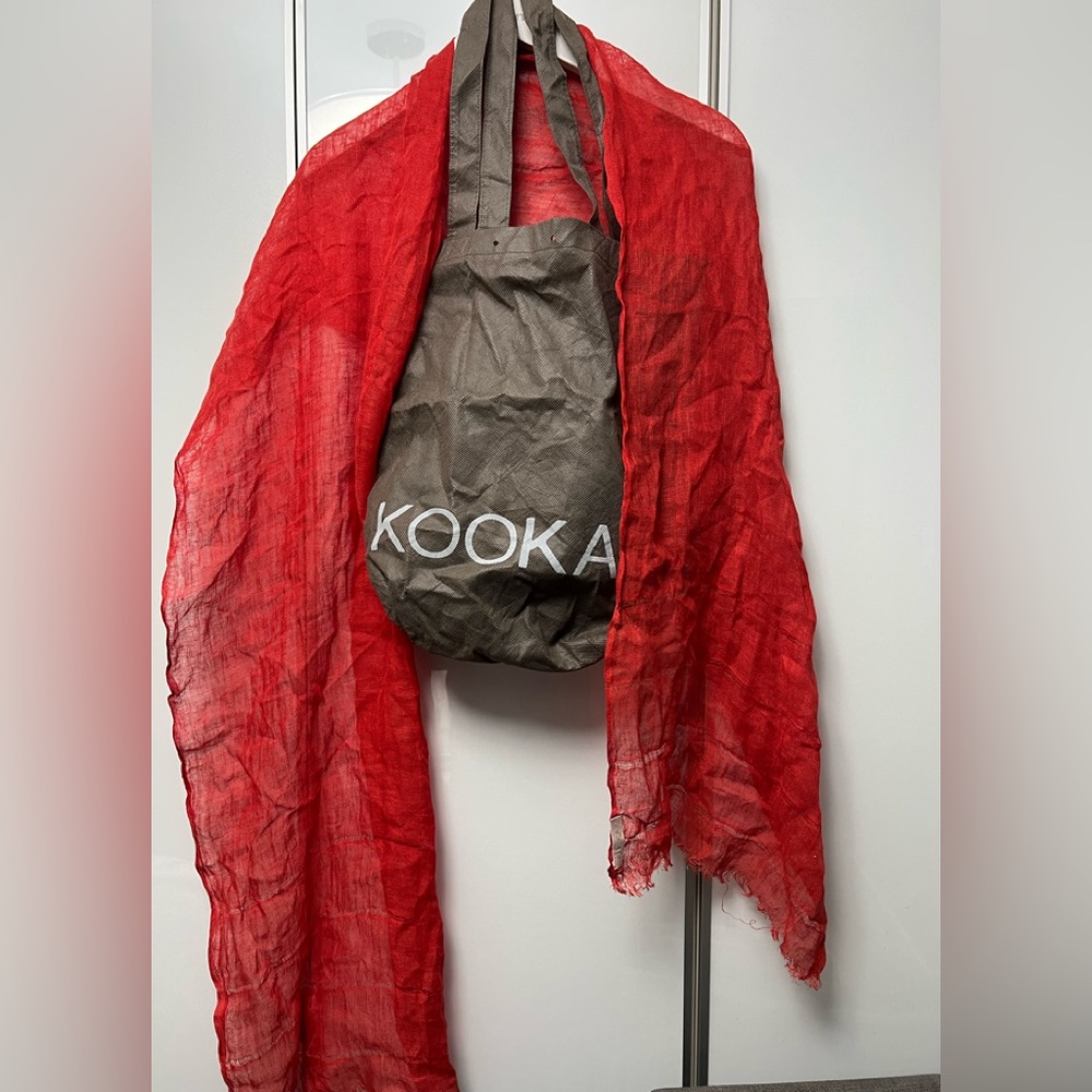 Kookai Red Scarf and brown-beige tote bag
